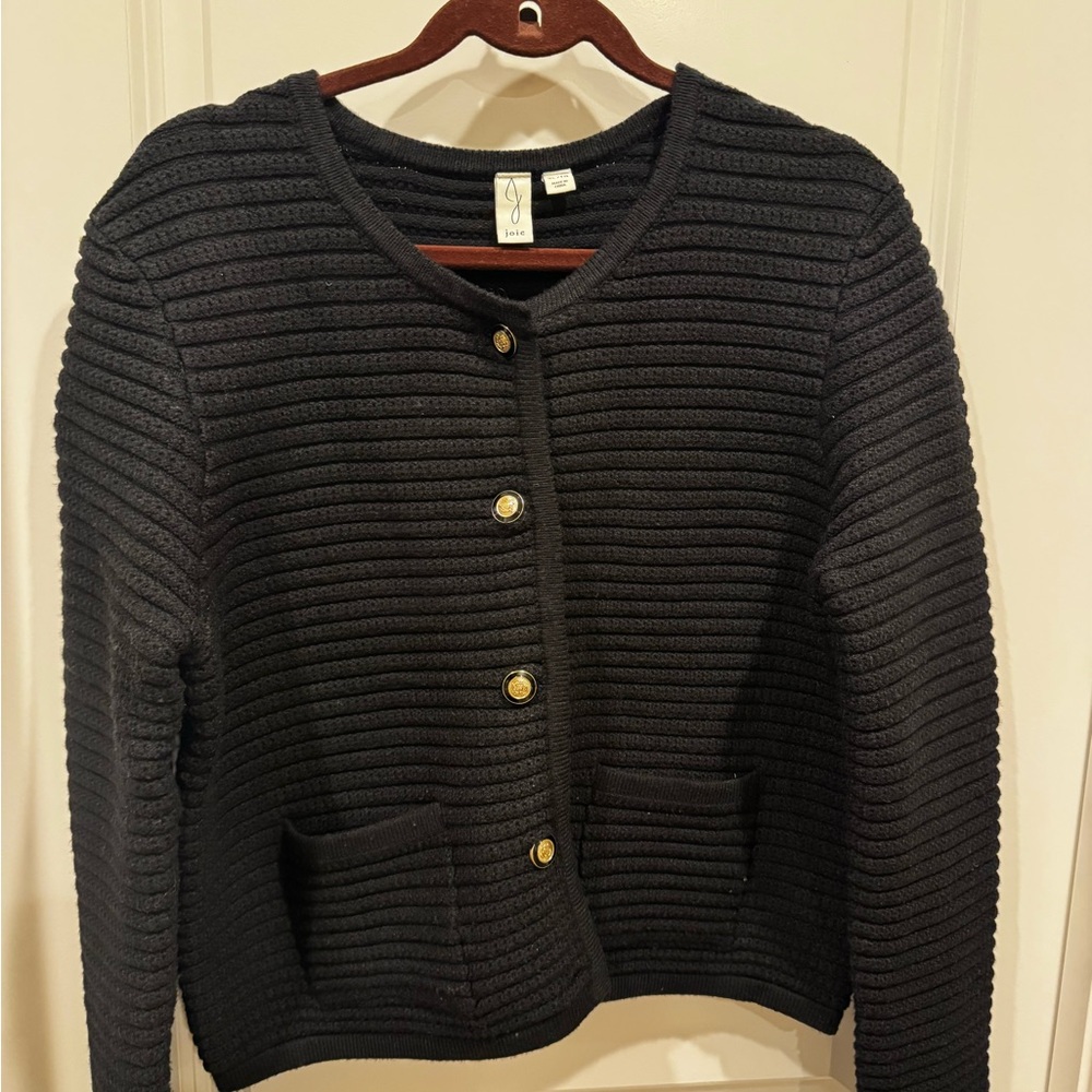 Joie Black Ribbed Knit Button-Front Sweater Jacket